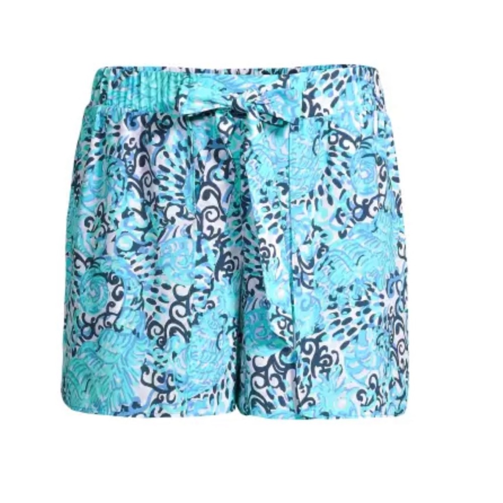 🩵 Lilly P🩵 Mylee NWOT Tie-Front Printed Shorts 10 in Light Aqua. PRISTINE!